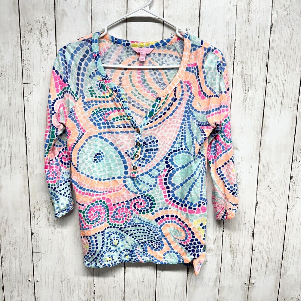 LILLY‎ PULITZER Women's Size Small 100% Linen Tropical Pink Floral Long Sleeve